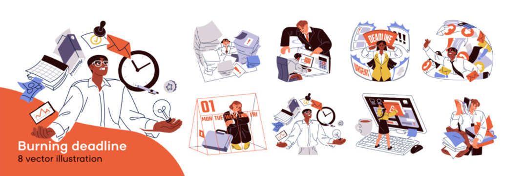 Concept set of overworking. Overloaded employees stress, hurry up to meet deadline. Office workers are exhausted with work. Bad time management. Flat isolated vector illustrations on white background
