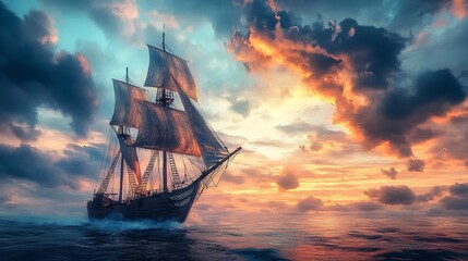 Obraz premium Sailing into the Horizon: A Majestic Ship Navigating Golden Waters at Dawn or Dusk