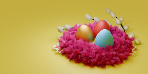 Happy Easter holiday banner. Greeting banner. 3d render. Space for text.