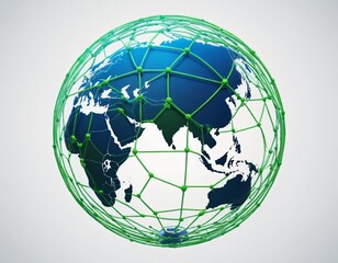 Stylized digital globe logo, featuring interconnected lines and dots to symbolize global connectivity and advanced technology, in cybernetic blue and digital green colors, white background