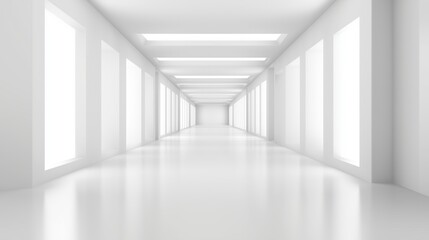 Bright futuristic white corridor with illuminated rectangular windows and reflective floor. Minimalist sci-fi tunnel, modern architecture concept.