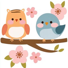 Fototapeta premium Two cute cartoon birds sitting on a branch, surrounded by pink flowers, creating a cheerful and vibrant spring atmosphere.