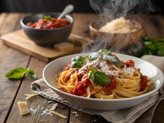 Fototapeta premium Delicious Spaghetti with Tomato Sauce and Basil