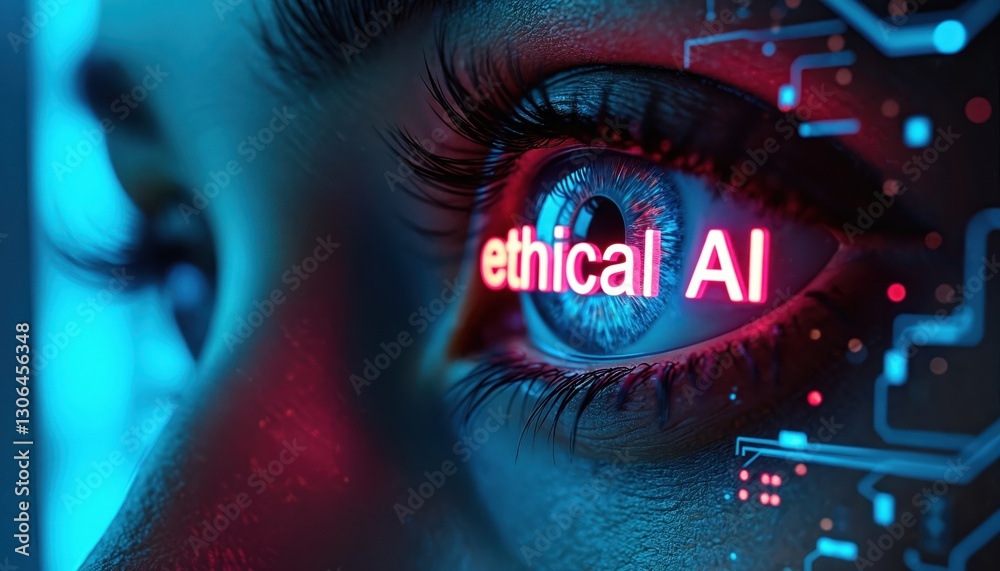 Aufkleber Close-up of woman eye illuminated with ethical AI text on neon tech background integration human ethics, artificial intelligence. Fusion of human vision, digital innovation, futuristic cybersecurity.