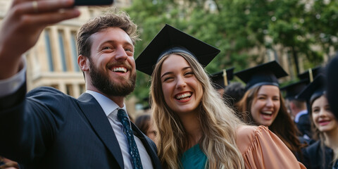 Fototapeta premium Graduates taking joyful selfie at graduation ceremony outdoors