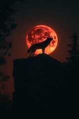 Wolf Silhouetted, Blood Moon, Nighttime Mountain