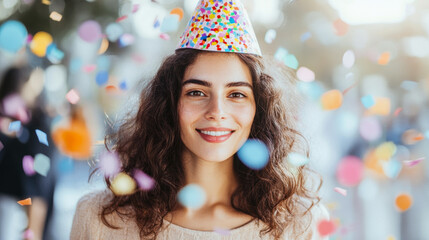 Portrait of young woman in party hat having fun surrounded by colorful confetti