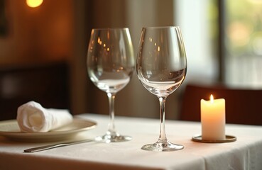 Two empty wine glasses stand on white tablecloth near plate with napkin. Candle burns near. Restaurant table setting for romantic elegant dinner, food or wine catering event.
