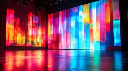 Colorful Abstract Stage with Vibrant Light Display and Glossy Floor