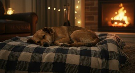 Cozy dog sleeping by fireplace in warm and relaxing living room setting