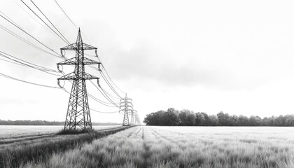 Monochrome photo of power lines in rural landscape features tall transmission towers across open field. Distant trees under cloudy sky. Industrial silhouette in black, white. Energy industry, nature.