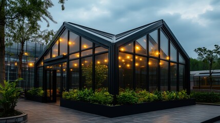 Fototapeta premium Glass greenhouse with warm interior lighting surrounded by lush greenery at dusk. Sustainable architecture and eco-friendly design