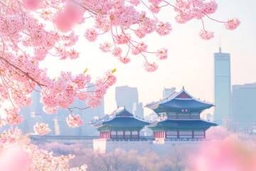 Abstract South Korea Background with Gyeongbokgung Palace, Modern Seoul, and Cherry Blossoms