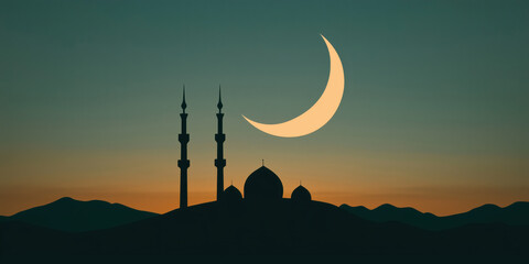 Silhouette of mosque with crescent moon at sunset, Ramadan theme