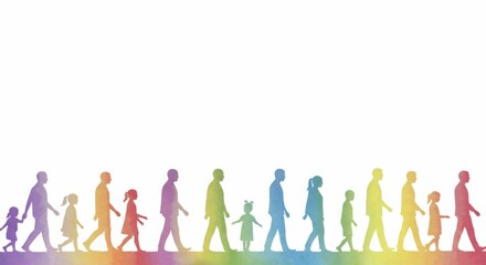 Colorful silhouette of diverse family generations walking together