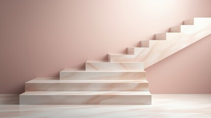 Modern marble staircase with geometric design and soft lighting in a pastel-toned interior. Luxury architecture and interior decor.