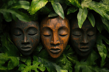 Abstract Congo Background Featuring Lush Rainforests, River, and Traditional Masks