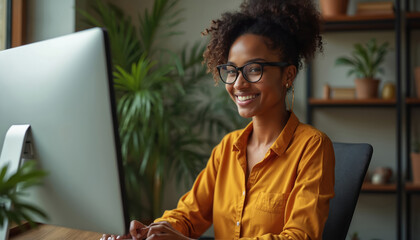 Cheerful young woman working at a desk on computer. Curly hair black female in glasses, yellow shirt types on keyboard. Home office with plants, cozy workplace. Remote worker at desk.