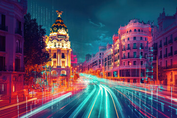 Futuristic Spain Cityscape with Neon Lights and Digital Grid Technology
