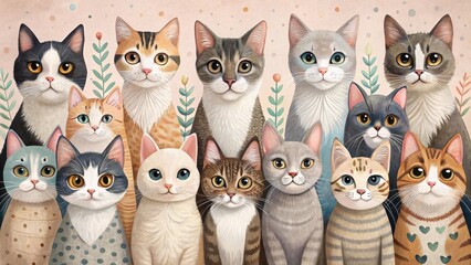 Obraz premium A delightful gathering of charming felines, each with unique coat patterns and expressive eyes, posed together amidst delicate floral accents, creating a whimsical and heartwarming scene.