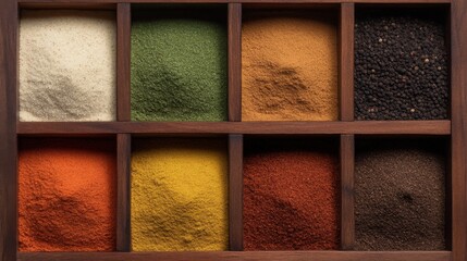 Fototapeta premium A wooden spice box filled with colorful spice powders,