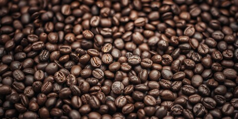 Fototapeta premium Close up of coffee beans scattered in a textured background with a focus on the rich, earthy tones and intricate details, close up, rich