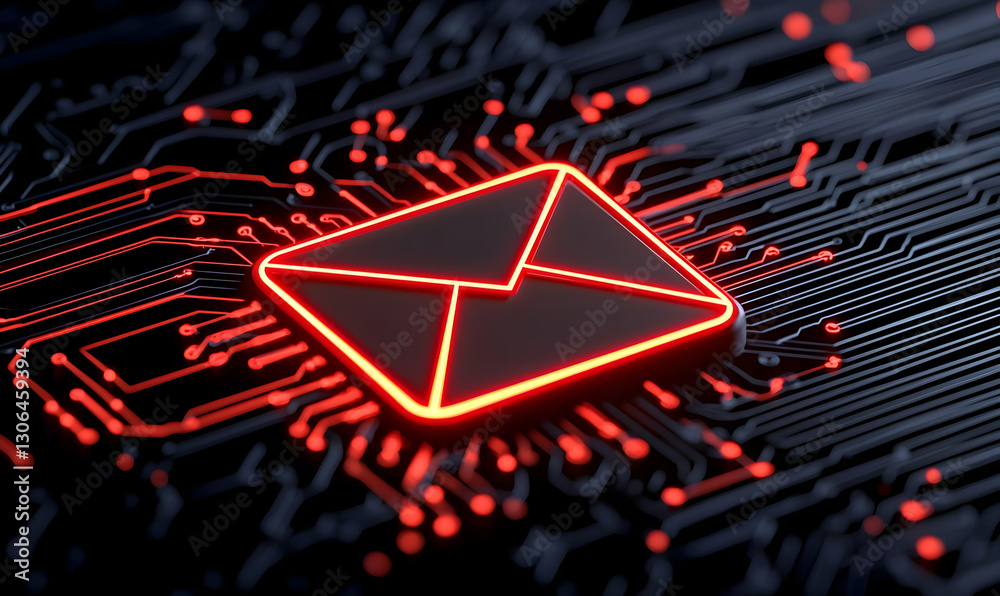 Poster digital email icon on circuit board pattern with red glow effect