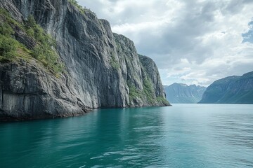 fjord with steep cliffs, weathered by time, complemented by calm aquamarine waters