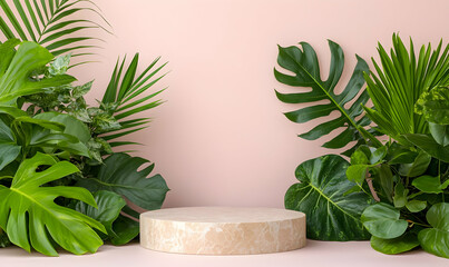 Decorative Greenery with Natural Marble Platform Against Pastel Background