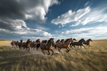 Fototapeta premium vast steppe with galloping wild horses, capturing the blur of movement as the horses sprint, the nature-infused colors of the steppe, and the imposing clouds in the background