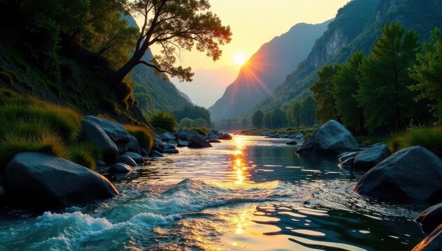 Calceata di acqua nel fiume Pitrisconi con la luce del tramonto, fiume, montagna, cascata