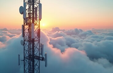 Telecommunication cellular tower rises above clouds at sunset. Macro base station includes 5G radio network equipment, radio modules, smart antennas mounted on metal construction. Modern tech concept.