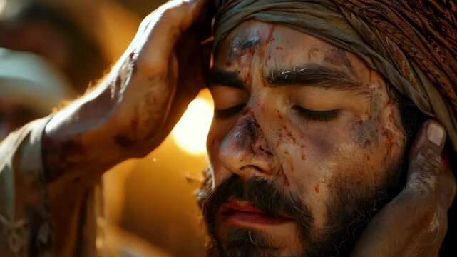 Blindness and sight: Jesus heals blind man, spiritual clarity, divine mercy, transformative healing, deeper understanding, truth revealed, sight beyond physical realm, profound journey of faith.