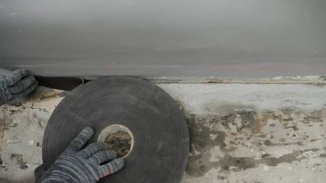 Gloved hands unrolling and applying waterproofing tape along a concrete wall, following a laser level line