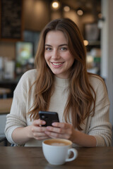 A caucasian woman, 28 years old with brown hair holding a smartphone in a coffee shop