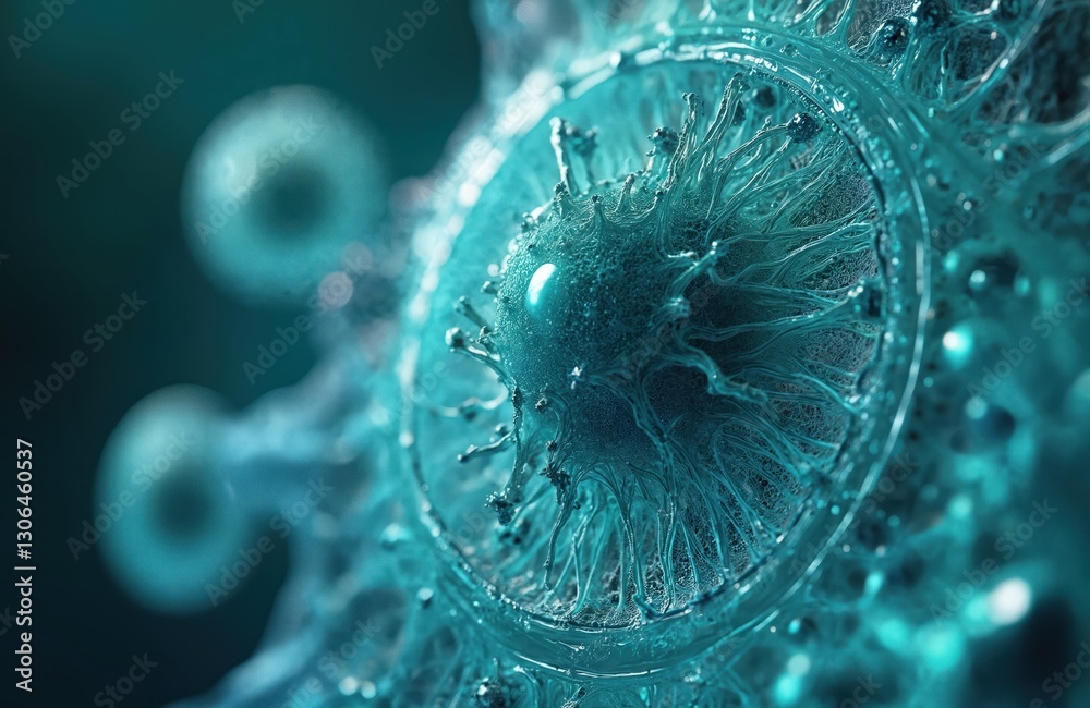 Poster microscopic close-up of virus cell. medical abstract of blue cell structure with core, membrane. bio