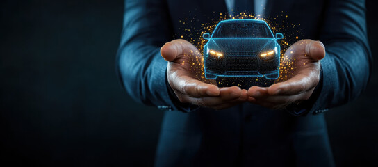 businessman holding virtual car icon, showcasing innovation and technology in automotive industry. glowing car symbolizes modern advancements and digital transformation
