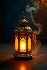 Elegant Ramadan Crescent Moon with Glowing Golden Lanterns and Intricate Islamic Patterns