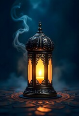 Ornate Metal Lantern with Glowing Light and Mystical Shadows in a Dark Islamic Setting