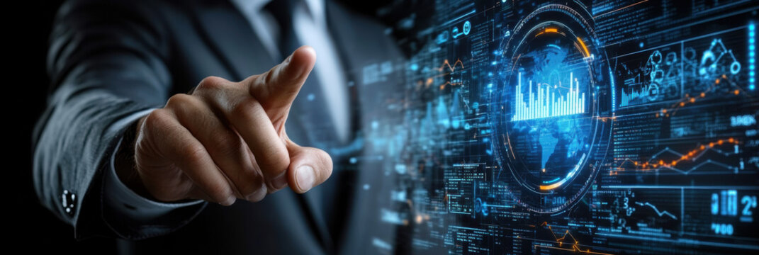 businessman touching digital screen displaying graphs and data visualizations, showcasing technology and innovation in corporate environment