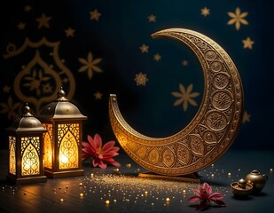 Elegant Ramadan Crescent Moon with Glowing Golden Lanterns and Intricate Islamic Patterns