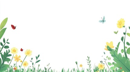 Obraz premium Spring Meadow Blossoms, butterflies, ladybugs amidst lush greenery, idyllic scene