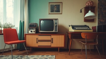 Retro living room design featuring an old television cabinet radio and a work area with a typewriter