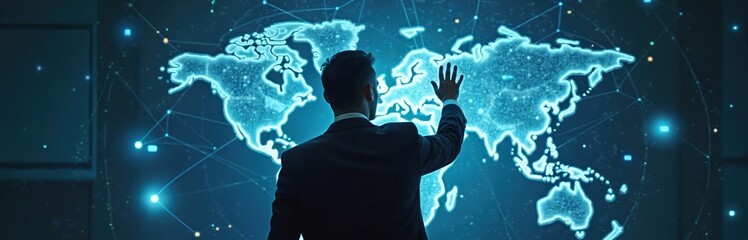 Businessman interacts with futuristic global network interface touching world map hologram. Stands back, makes strategic decisions about virtual collaboration, data exchange via interconnected system