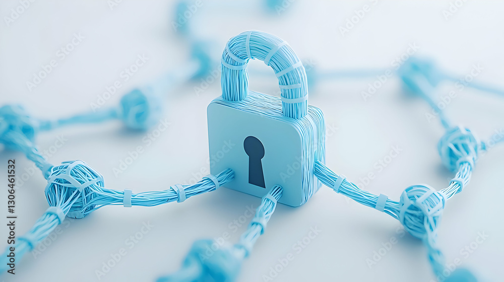 Poster secure connection concept with lock and network lines in blue