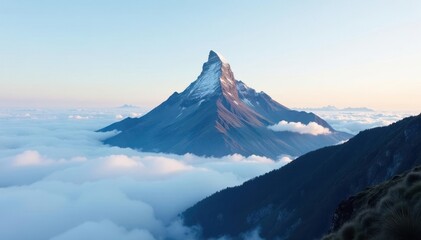 A solitary mountain peak rising above the clouds, nature, isolation, landscape