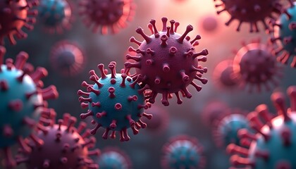 A 3D medical illustration of a virus particle attacking human cells, showing detailed molecular structures.
