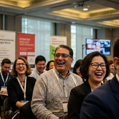 Obraz premium Smiling conference attendees diverse group laughing during a presentation in a bright modern convention hall.