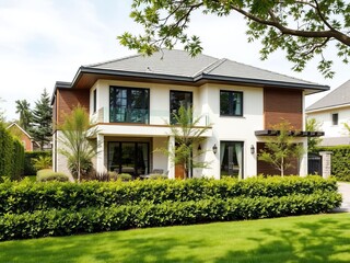 Lush green hedges surround a sleek modern house with large windows and a flat roof, architecture, design