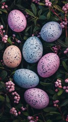 Obraz premium Speckled pastel eggs nestled among spring foliage.